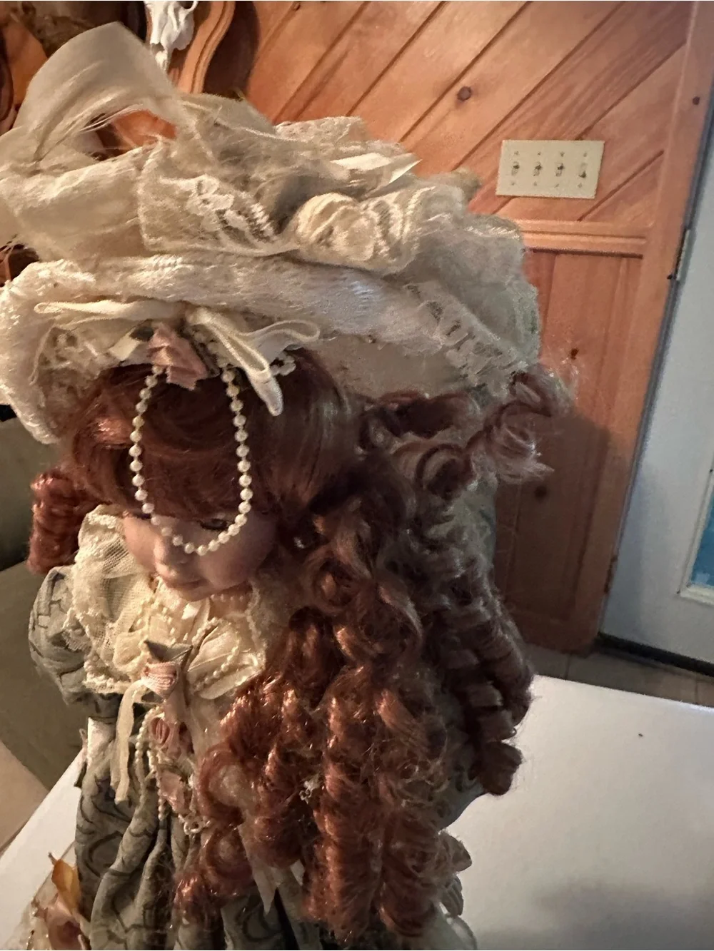 Vintage/ Dollhouse Porcelain Doll in Sage Green Lace Dress with Auburn Curls